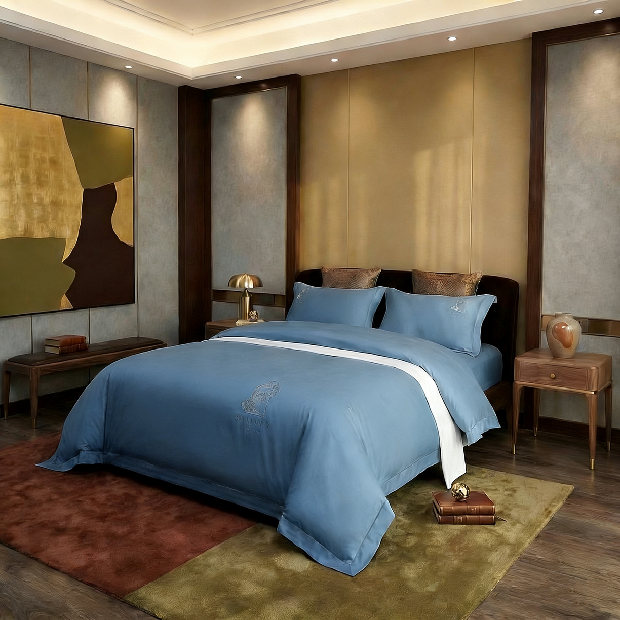 91家纺网 家纺一手货源 找家纺 U品汇 2026新款100支全棉纯棉长绒棉刺绣花四件套60S贡缎100%棉丝滑夏季冰丝凉爽 艾尚-深海蓝