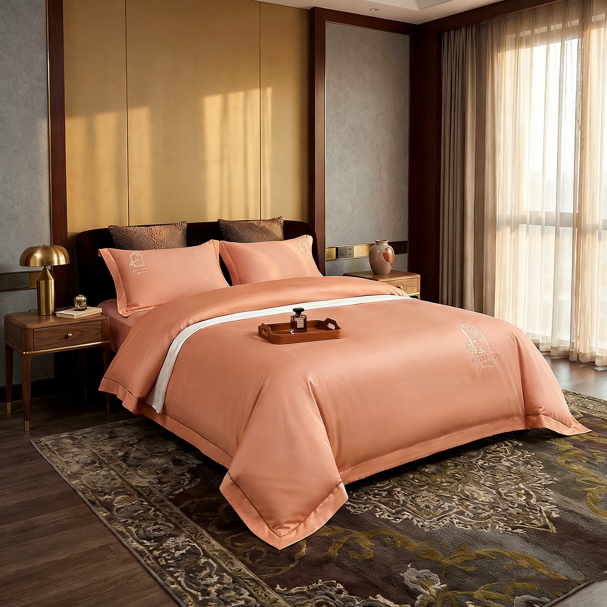 91家纺网 家纺一手货源 找家纺 U品汇 2026新款100支全棉纯棉长绒棉刺绣花四件套60S贡缎100%棉丝滑夏季冰丝凉爽 艾尚-微由桔