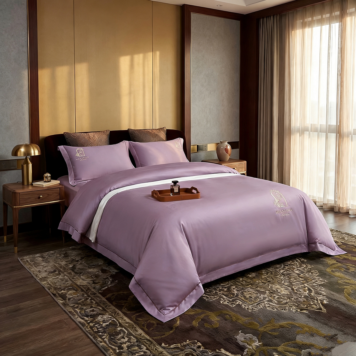 91家纺网 家纺一手货源 找家纺 U品汇 2026新款100支全棉纯棉长绒棉刺绣花四件套60S贡缎100%棉丝滑夏季冰丝凉爽 艾尚-熏衣紫