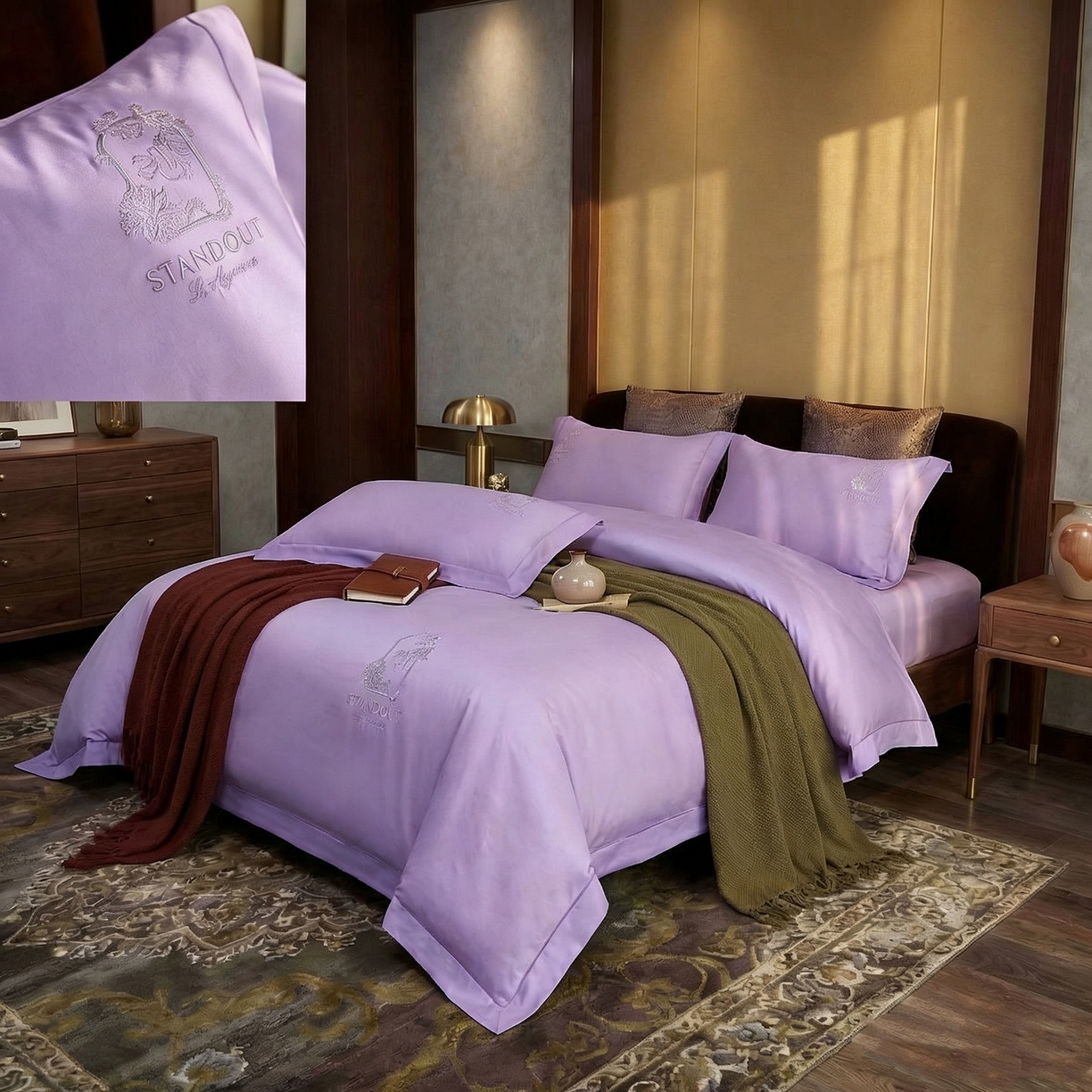 91家纺网 家纺一手货源 找家纺 U品汇 2026新款100支全棉纯棉长绒棉刺绣花四件套60S贡缎100%棉丝滑夏季冰丝凉爽 艾尚-熏衣紫