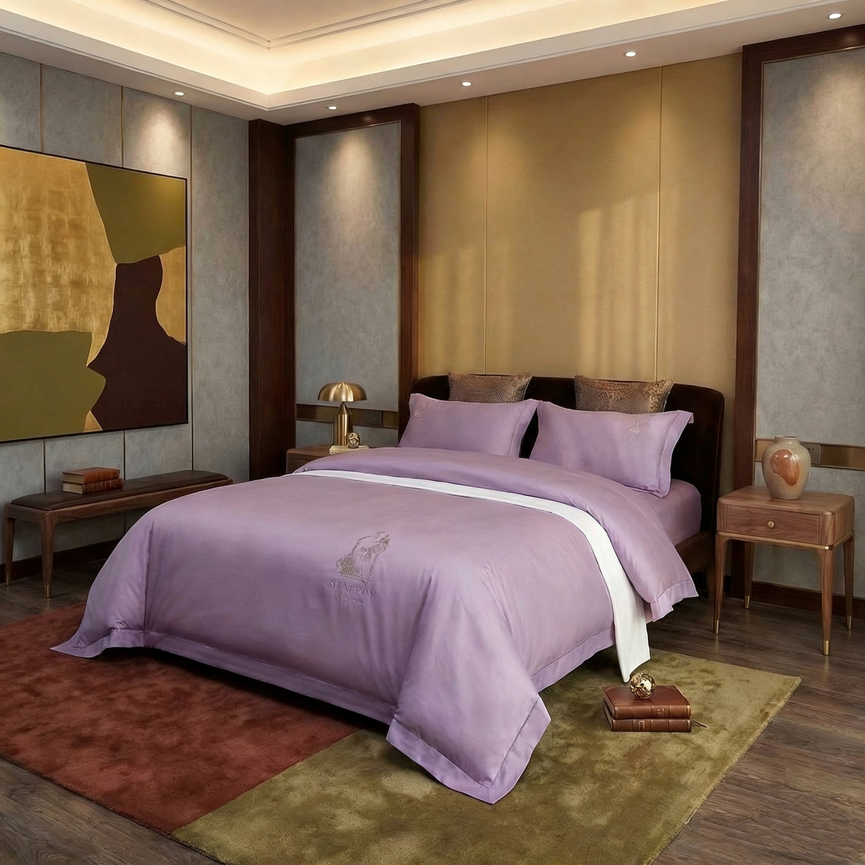 91家纺网 家纺一手货源 找家纺 U品汇 2026新款100支全棉纯棉长绒棉刺绣花四件套60S贡缎100%棉丝滑夏季冰丝凉爽 艾尚-熏衣紫