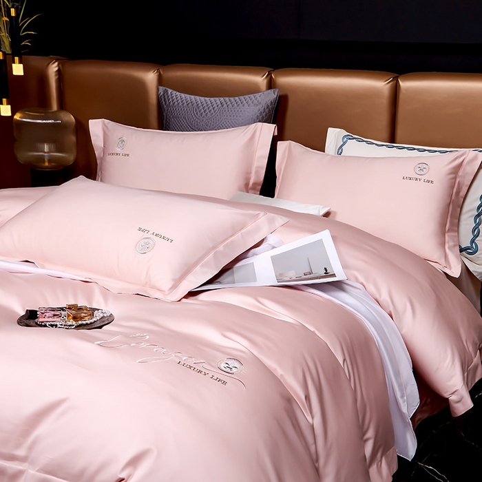 91家纺网 家纺一手货源 找家纺 U品汇 2026新款100支全棉纯棉长绒棉刺绣花四件套60S贡缎100%棉丝滑夏季冰丝凉爽 简繁-豆沙