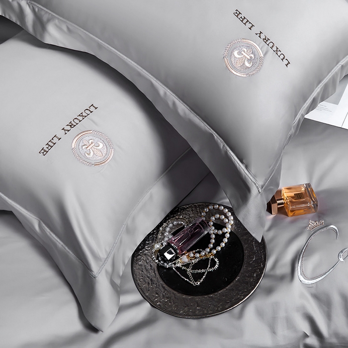 91家纺网 家纺一手货源 找家纺 U品汇 2026新款100支全棉纯棉长绒棉刺绣花四件套60S贡缎100%棉丝滑夏季冰丝凉爽 简繁-高级灰