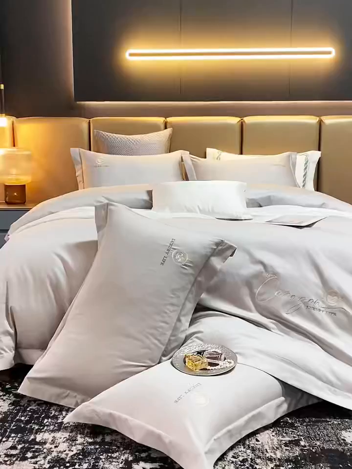 91家纺网 家纺一手货源 找家纺 U品汇 2026新款100支全棉纯棉长绒棉刺绣花四件套60S贡缎100%棉丝滑夏季冰丝凉爽 简繁-高级灰