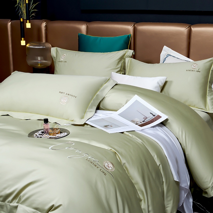 91家纺网 家纺一手货源 找家纺 U品汇 2026新款100支全棉纯棉长绒棉刺绣花四件套60S贡缎100%棉丝滑夏季冰丝凉爽 简繁-抹茶绿