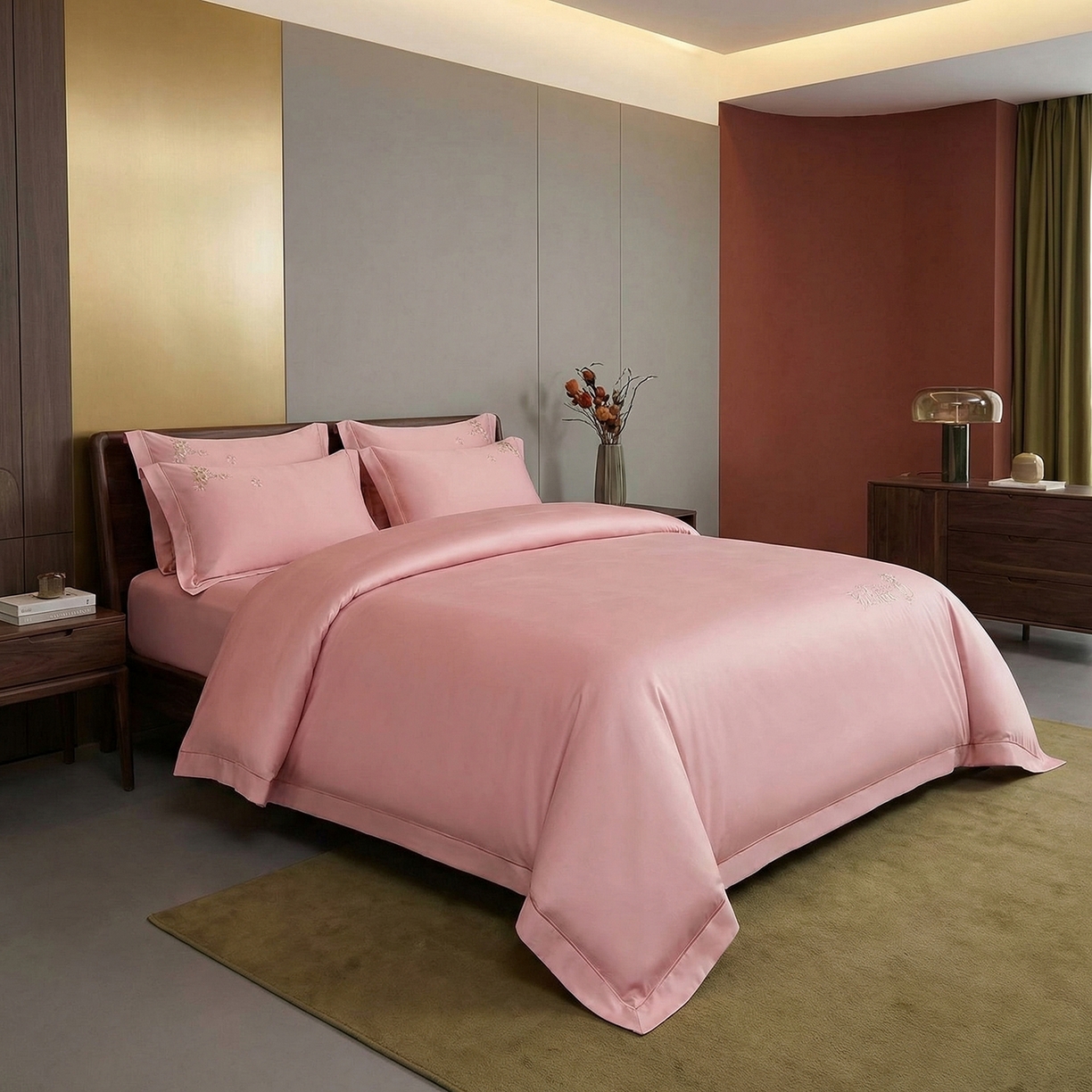 91家纺网 家纺一手货源 找家纺 U品汇 2026新款100支全棉纯棉长绒棉刺绣花四件套60S贡缎100%棉丝滑夏季冰丝凉爽 米拉-豆沙