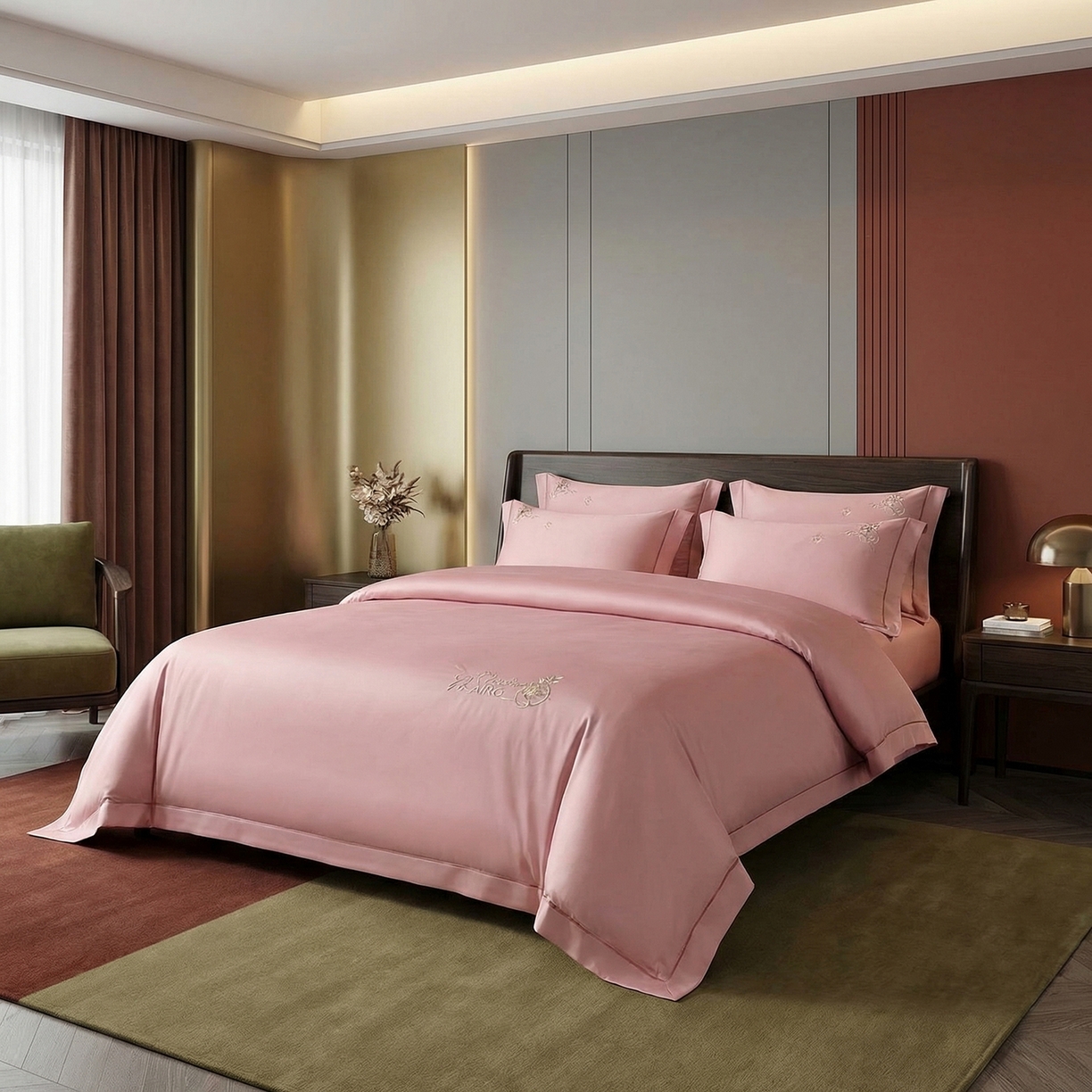 91家纺网 家纺一手货源 找家纺 U品汇 2026新款100支全棉纯棉长绒棉刺绣花四件套60S贡缎100%棉丝滑夏季冰丝凉爽 米拉-豆沙