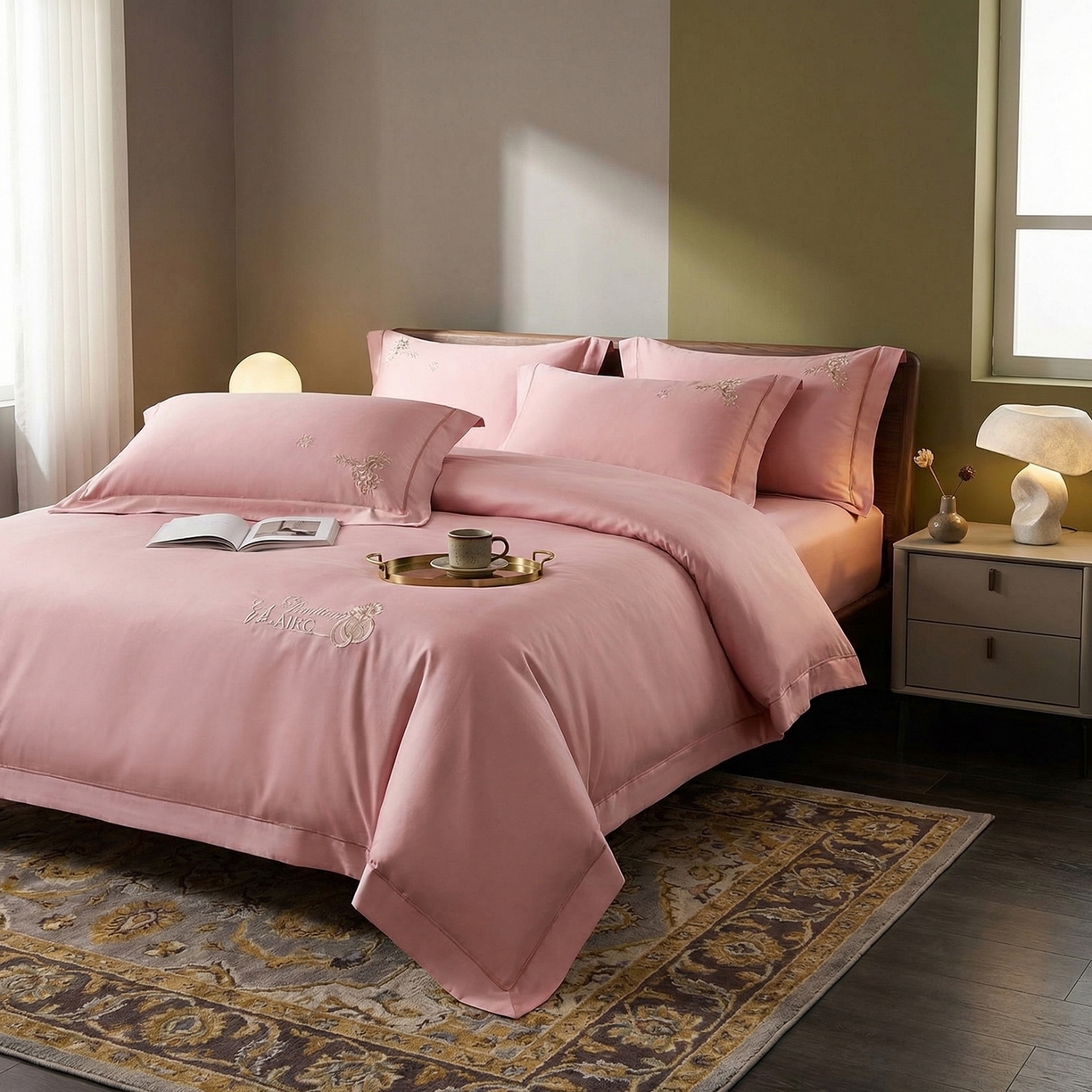 91家纺网 家纺一手货源 找家纺 U品汇 2026新款100支全棉纯棉长绒棉刺绣花四件套60S贡缎100%棉丝滑夏季冰丝凉爽 米拉-豆沙