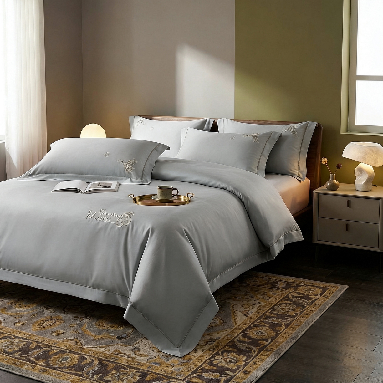 91家纺网 家纺一手货源 找家纺 U品汇 2026新款100支全棉纯棉长绒棉刺绣花四件套60S贡缎100%棉丝滑夏季冰丝凉爽 米拉-高级灰