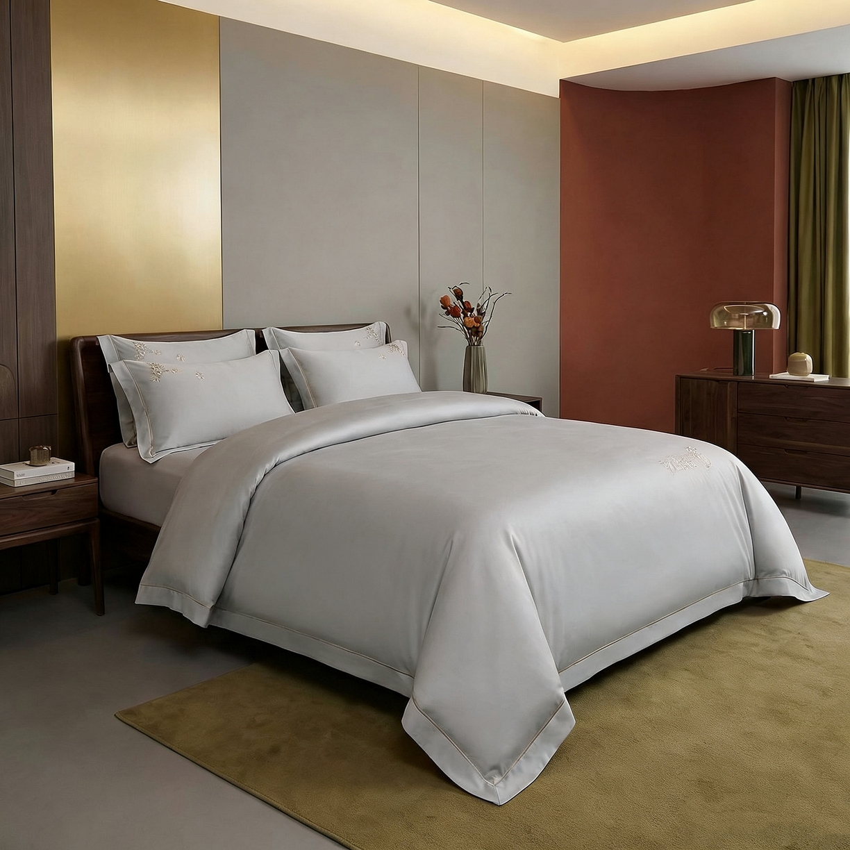 91家纺网 家纺一手货源 找家纺 U品汇 2026新款100支全棉纯棉长绒棉刺绣花四件套60S贡缎100%棉丝滑夏季冰丝凉爽 米拉-高级灰