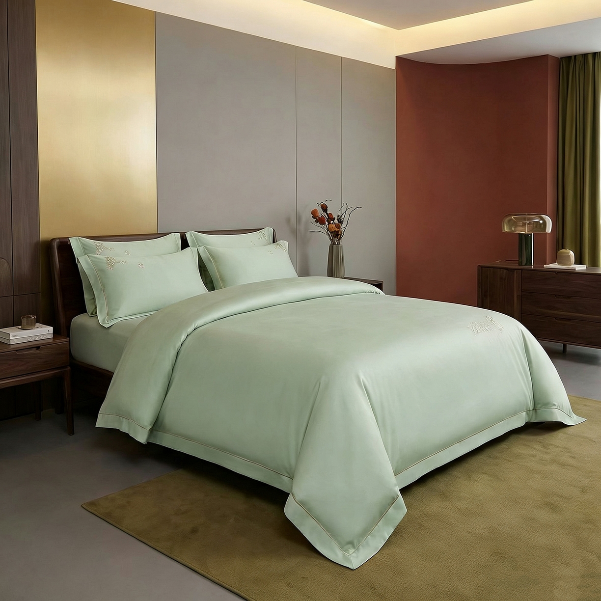 91家纺网 家纺一手货源 找家纺 U品汇 2026新款100支全棉纯棉长绒棉刺绣花四件套60S贡缎100%棉丝滑夏季冰丝凉爽 米拉-昧青