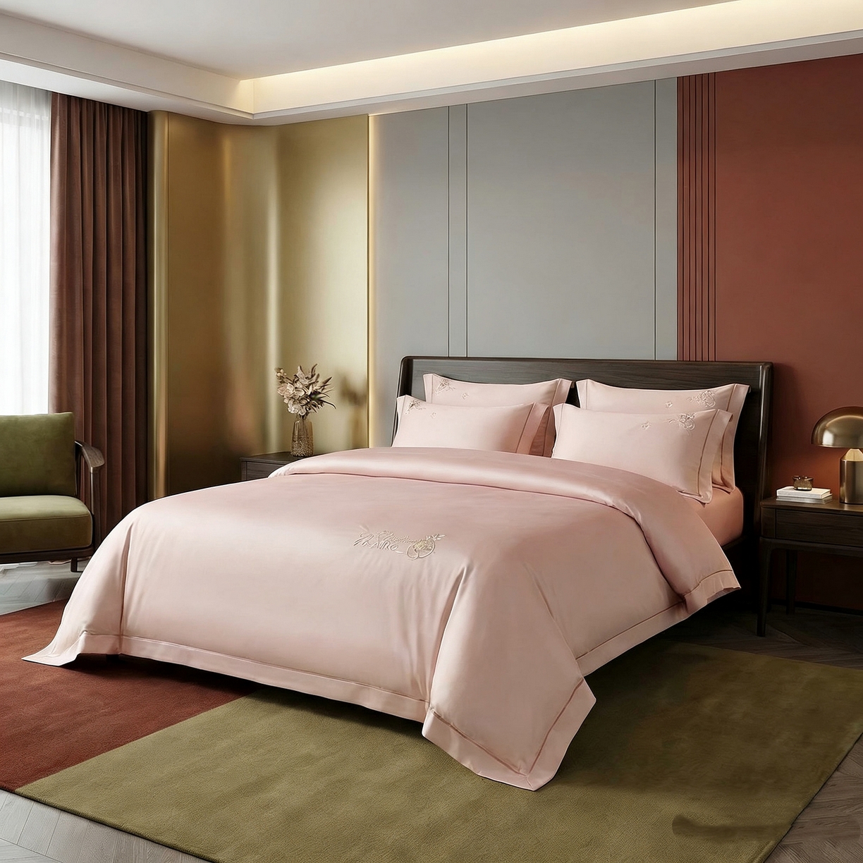 91家纺网 家纺一手货源 找家纺 U品汇 2026新款100支全棉纯棉长绒棉刺绣花四件套60S贡缎100%棉丝滑夏季冰丝凉爽 米拉-藕粉玉