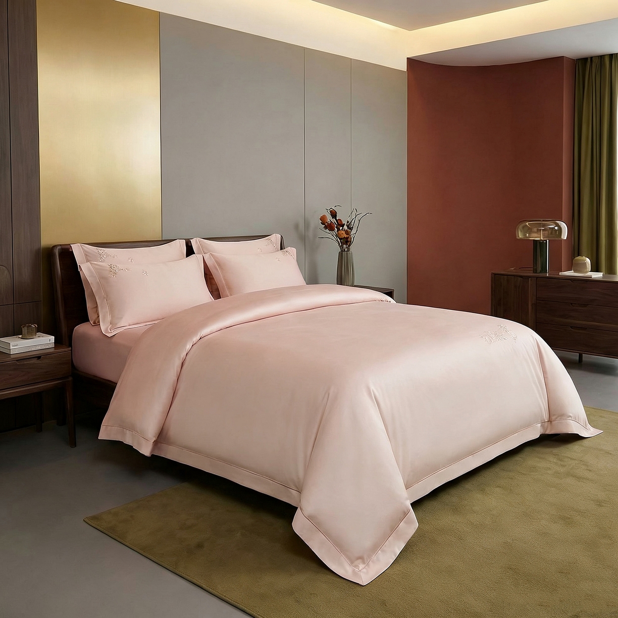 91家纺网 家纺一手货源 找家纺 U品汇 2026新款100支全棉纯棉长绒棉刺绣花四件套60S贡缎100%棉丝滑夏季冰丝凉爽 米拉-藕粉玉