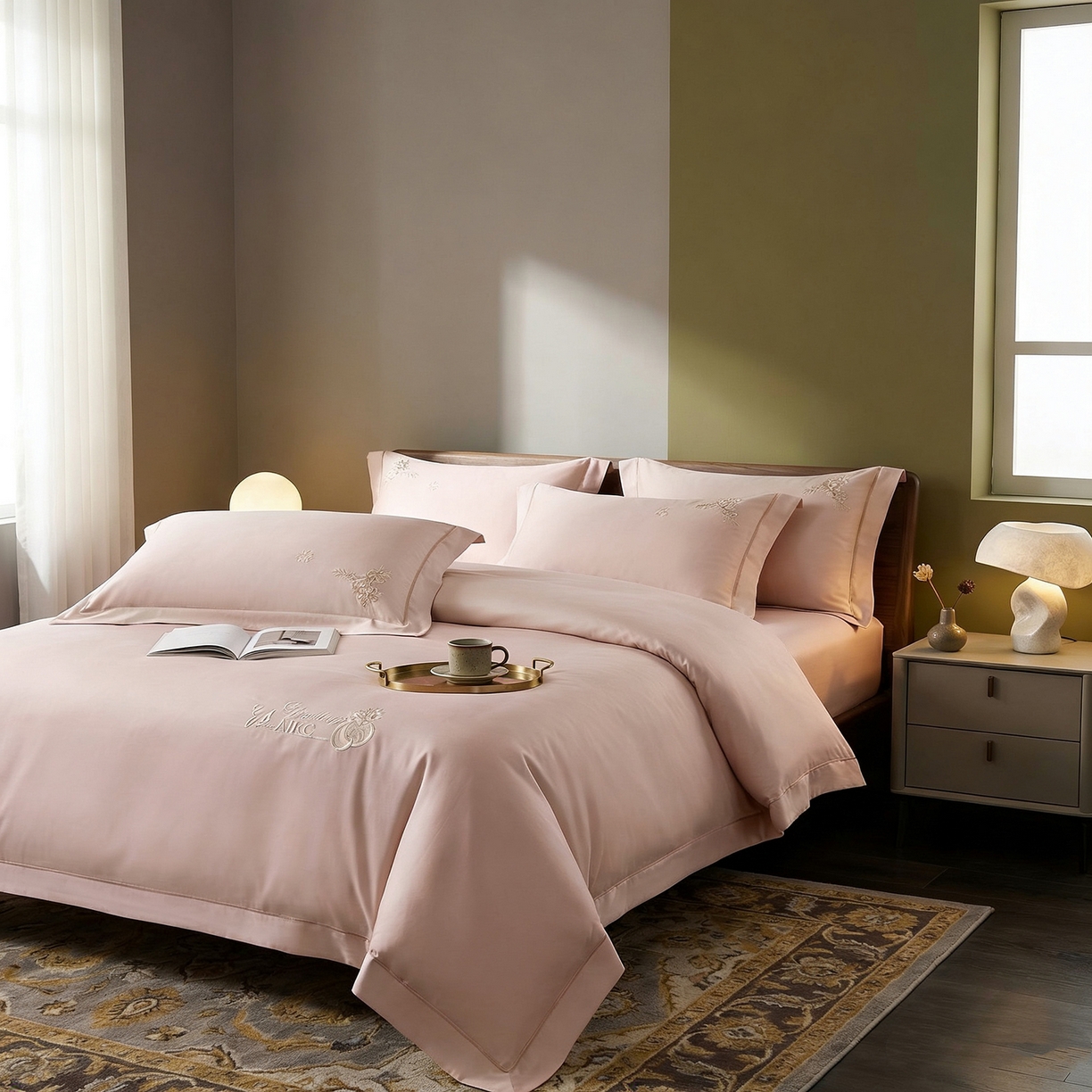 91家纺网 家纺一手货源 找家纺 U品汇 2026新款100支全棉纯棉长绒棉刺绣花四件套60S贡缎100%棉丝滑夏季冰丝凉爽 米拉-藕粉玉