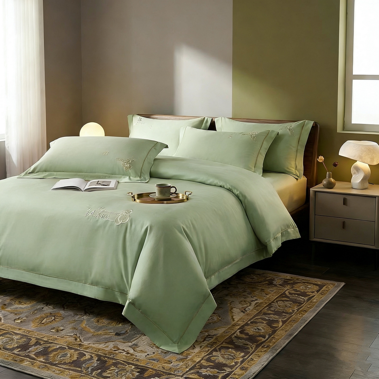 91家纺网 家纺一手货源 找家纺 U品汇 2026新款100支全棉纯棉长绒棉刺绣花四件套60S贡缎100%棉丝滑夏季冰丝凉爽 米拉-青翠绿