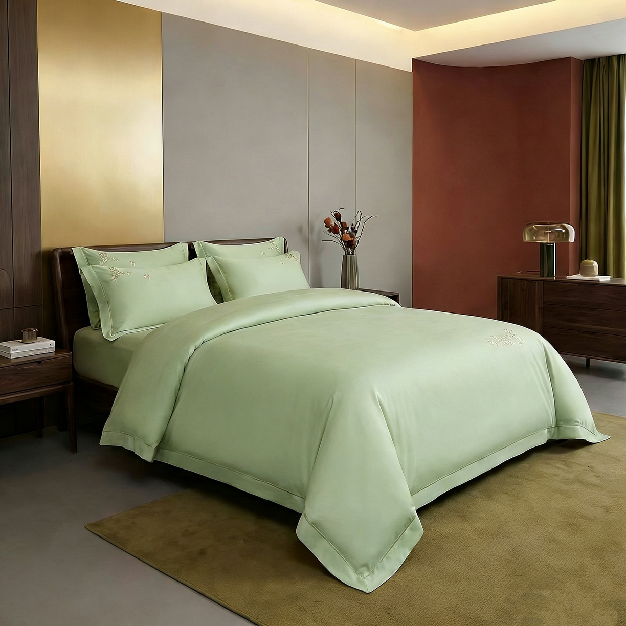 91家纺网 家纺一手货源 找家纺 U品汇 2026新款100支全棉纯棉长绒棉刺绣花四件套60S贡缎100%棉丝滑夏季冰丝凉爽 米拉-青翠绿