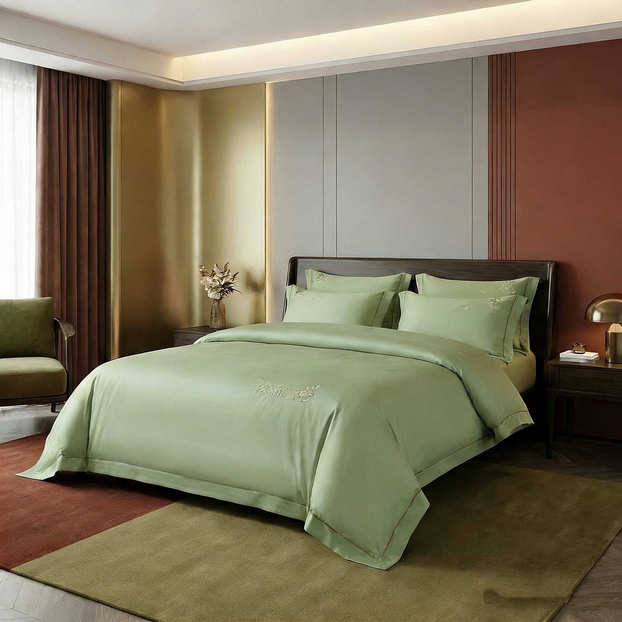 91家纺网 家纺一手货源 找家纺 U品汇 2026新款100支全棉纯棉长绒棉刺绣花四件套60S贡缎100%棉丝滑夏季冰丝凉爽 米拉-青翠绿