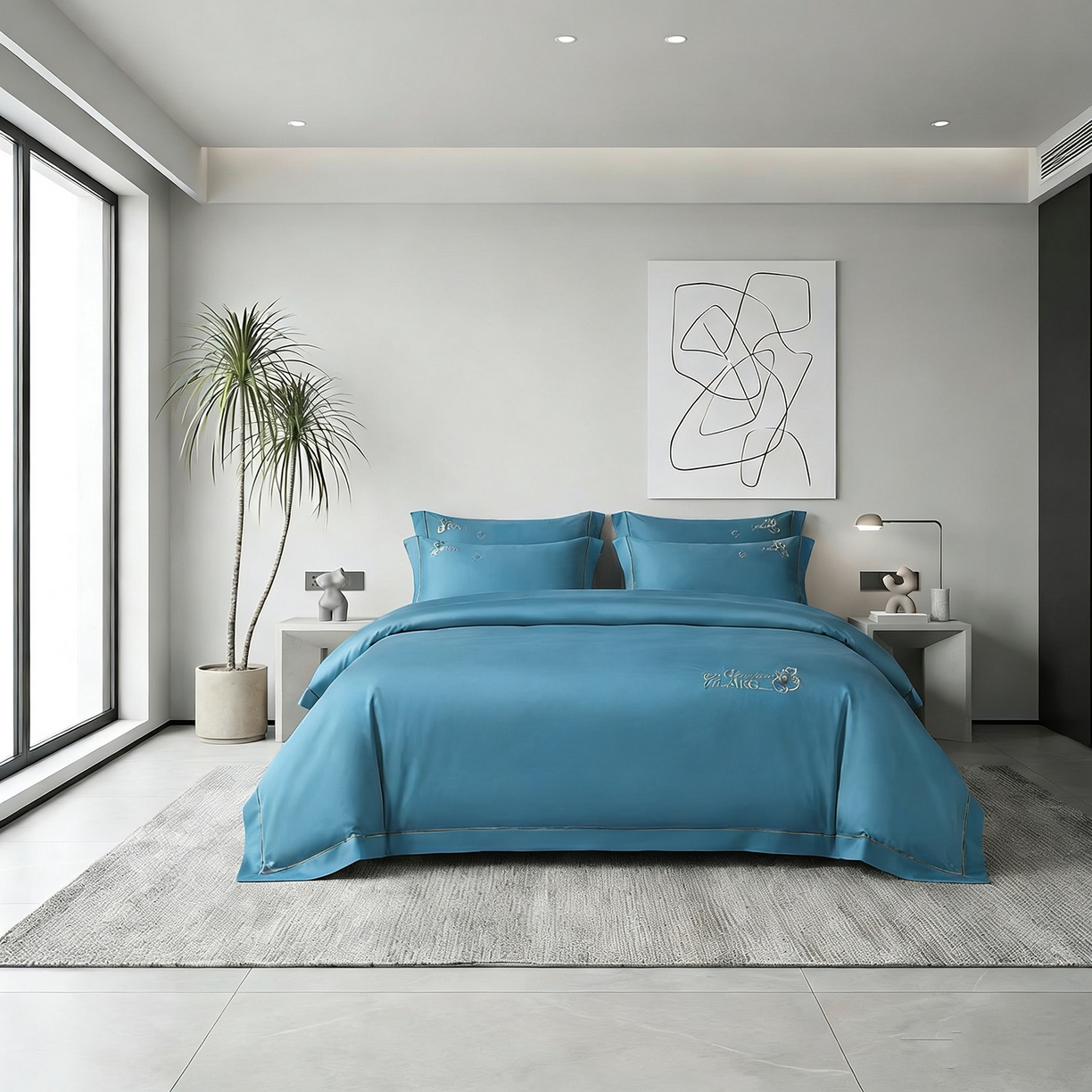 U品汇 2026新款100支全棉纯棉长绒棉刺绣花四件套60S贡缎100%棉丝滑夏季冰丝凉爽 米拉-深海蓝