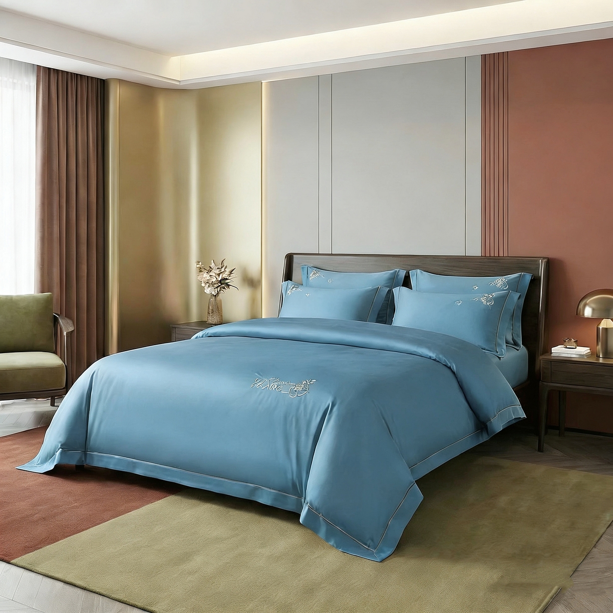 91家纺网 家纺一手货源 找家纺 U品汇 2026新款100支全棉纯棉长绒棉刺绣花四件套60S贡缎100%棉丝滑夏季冰丝凉爽 米拉-深海蓝