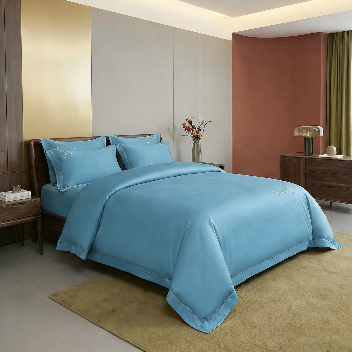 91家纺网 家纺一手货源 找家纺 U品汇 2026新款100支全棉纯棉长绒棉刺绣花四件套60S贡缎100%棉丝滑夏季冰丝凉爽 米拉-深海蓝