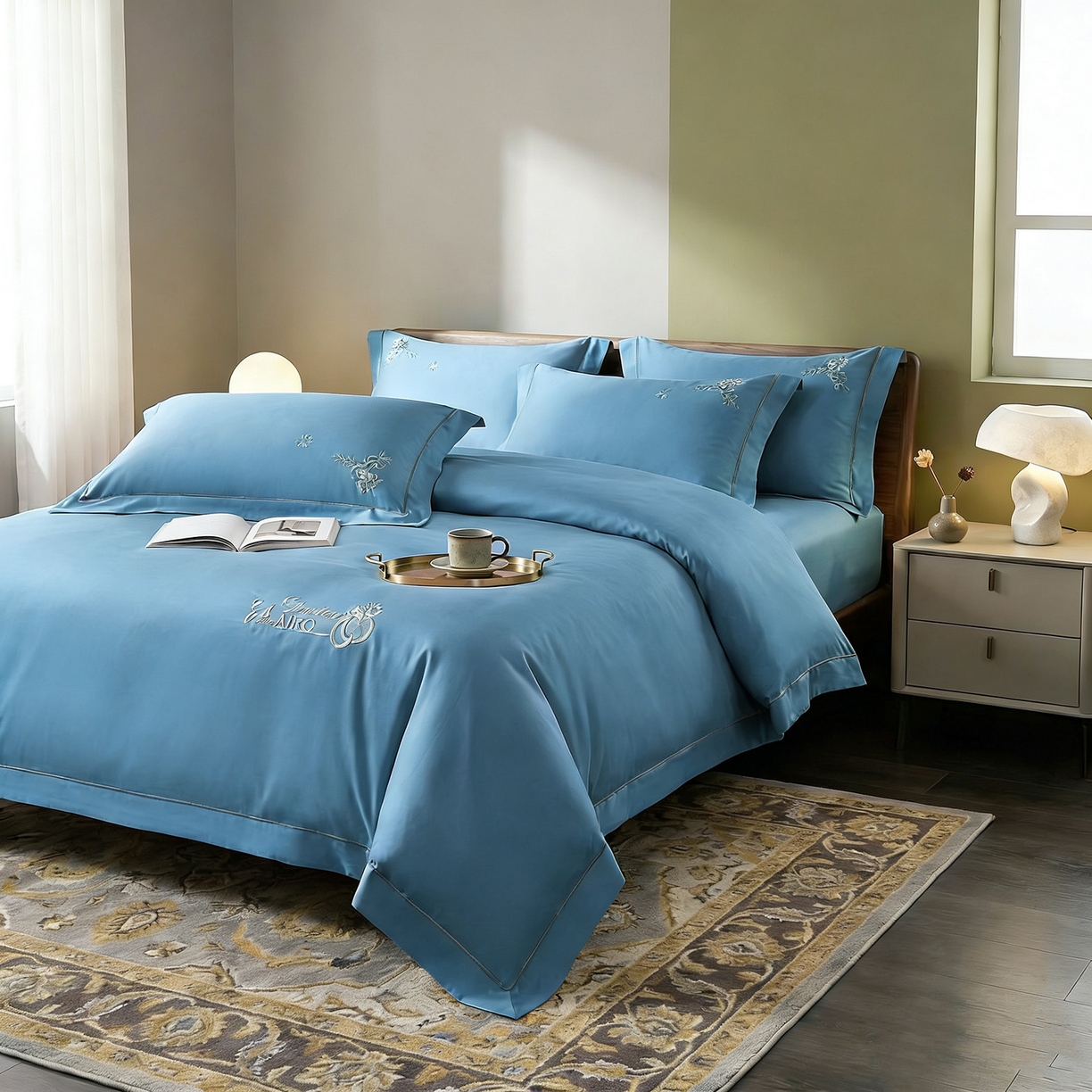 91家纺网 家纺一手货源 找家纺 U品汇 2026新款100支全棉纯棉长绒棉刺绣花四件套60S贡缎100%棉丝滑夏季冰丝凉爽 米拉-深海蓝