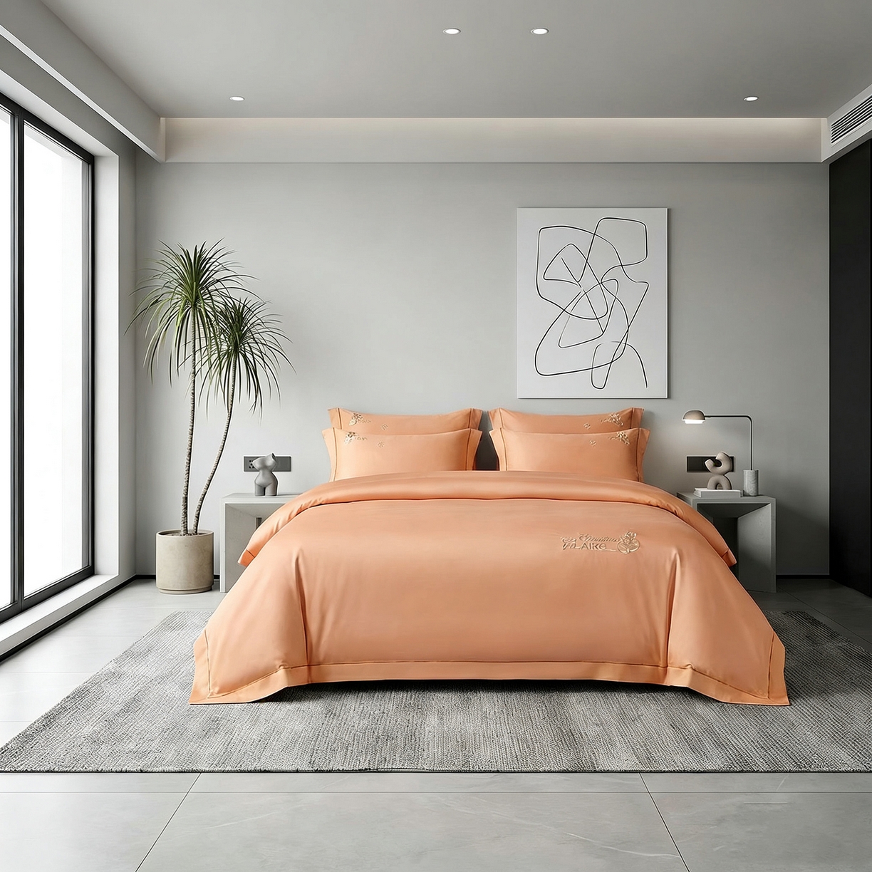 U品汇 2026新款100支全棉纯棉长绒棉刺绣花四件套60S贡缎100%棉丝滑夏季冰丝凉爽 米拉-微由桔