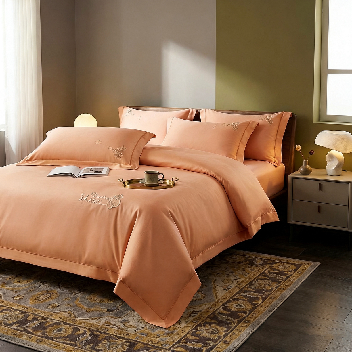 91家纺网 家纺一手货源 找家纺 U品汇 2026新款100支全棉纯棉长绒棉刺绣花四件套60S贡缎100%棉丝滑夏季冰丝凉爽 米拉-微由桔