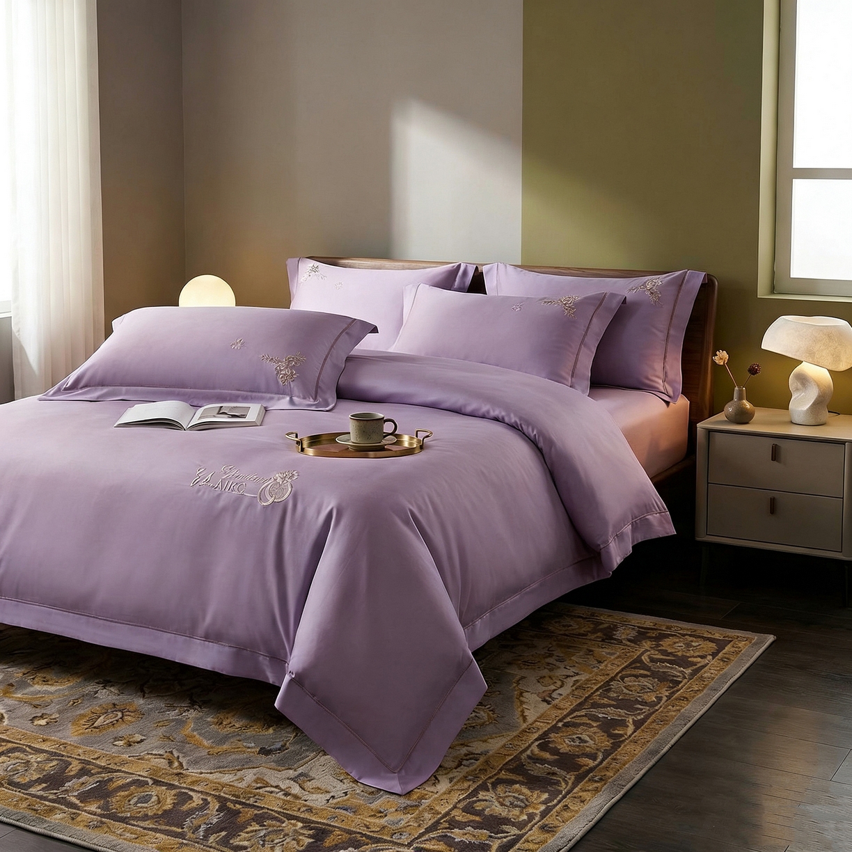 91家纺网 家纺一手货源 找家纺 U品汇 2026新款100支全棉纯棉长绒棉刺绣花四件套60S贡缎100%棉丝滑夏季冰丝凉爽 米拉-熏衣紫