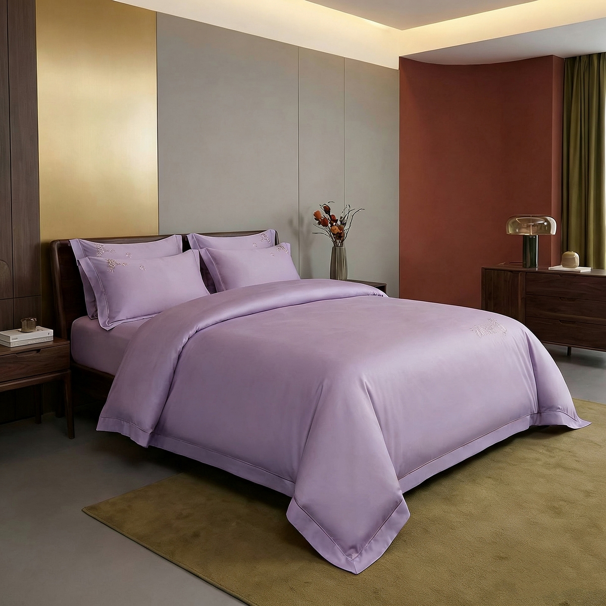 91家纺网 家纺一手货源 找家纺 U品汇 2026新款100支全棉纯棉长绒棉刺绣花四件套60S贡缎100%棉丝滑夏季冰丝凉爽 米拉-熏衣紫