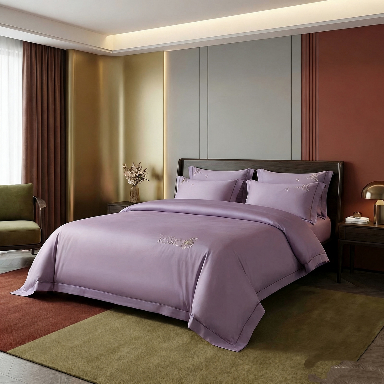 91家纺网 家纺一手货源 找家纺 U品汇 2026新款100支全棉纯棉长绒棉刺绣花四件套60S贡缎100%棉丝滑夏季冰丝凉爽 米拉-熏衣紫