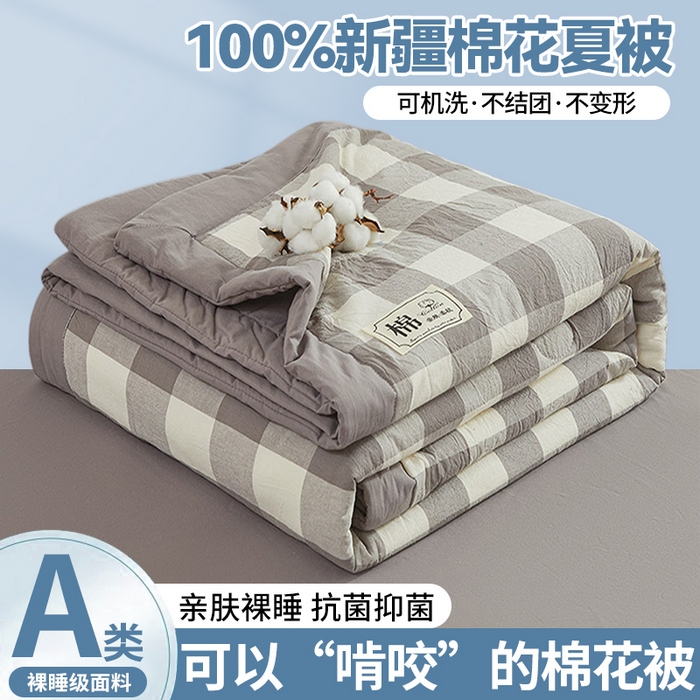 晓时候 2026新款无印风100%新疆棉花被全棉夏被纯棉夏凉被空调被夏季被子被芯 绅灰格
