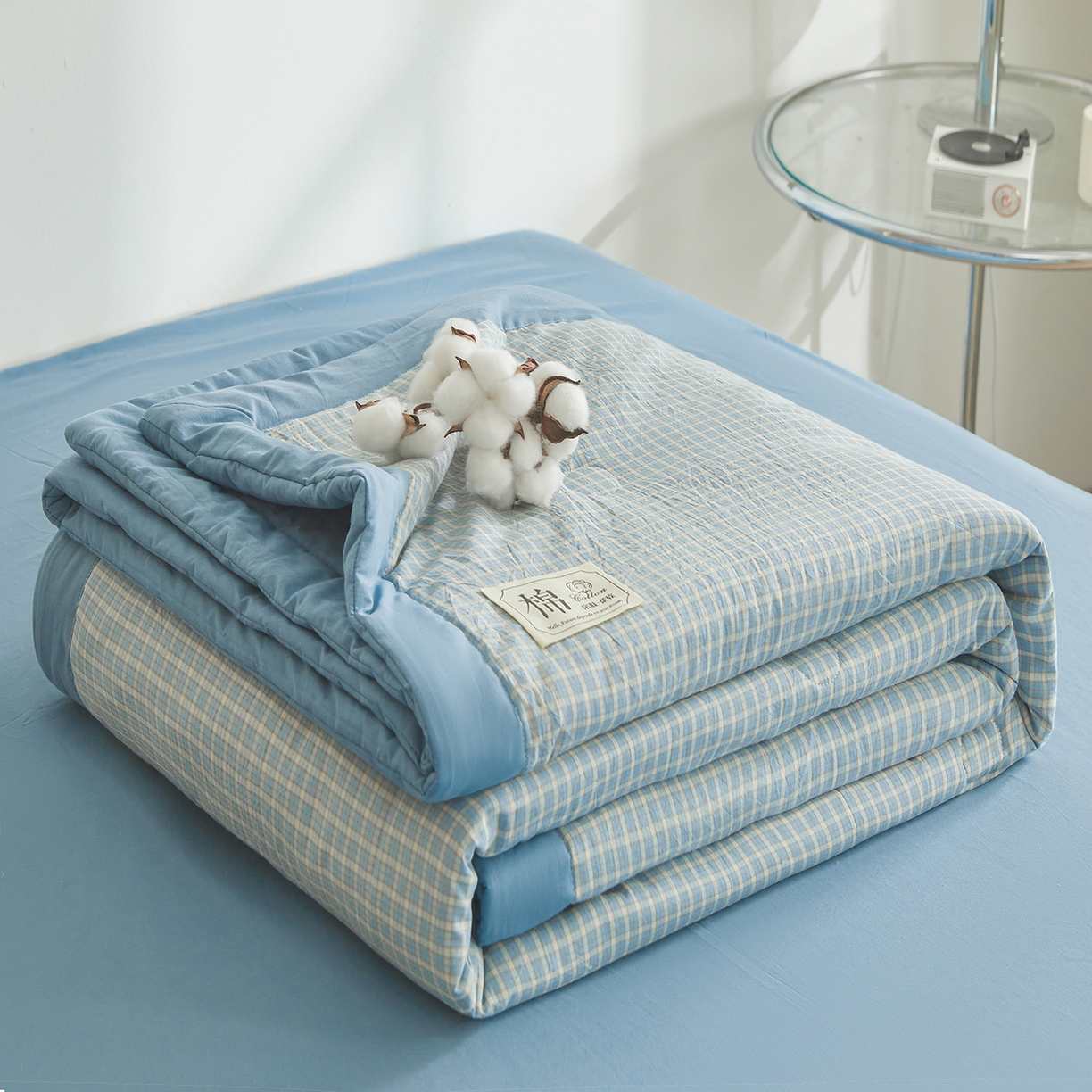 91家纺网 家纺一手货源 找家纺 晓时候 2026新款无印风100%新疆棉花被全棉夏被纯棉夏凉被空调被夏季被子被芯 米亚蓝