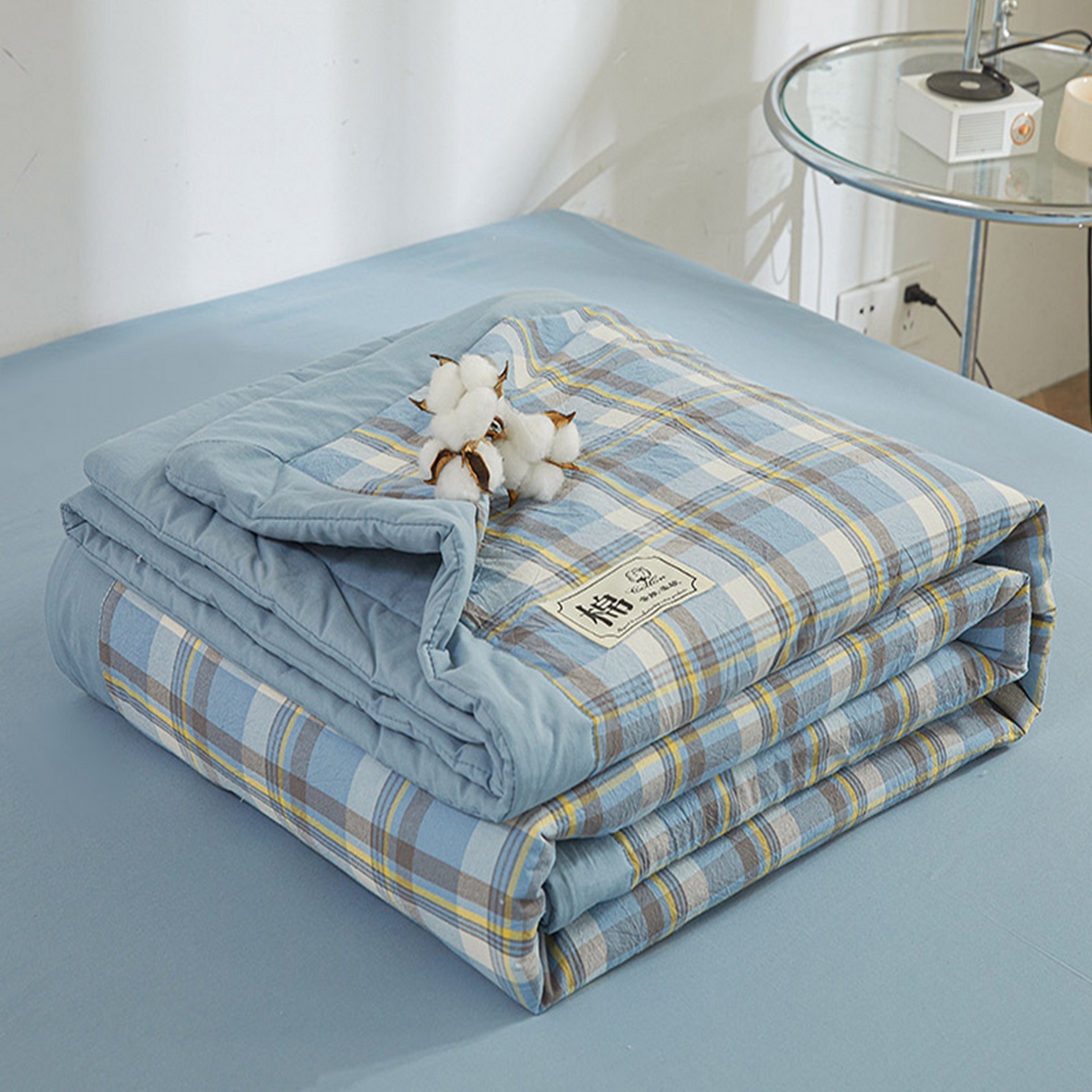 91家纺网 家纺一手货源 找家纺 晓时候 2026新款无印风100%新疆棉花被全棉夏被纯棉夏凉被空调被夏季被子被芯 莫妮蓝