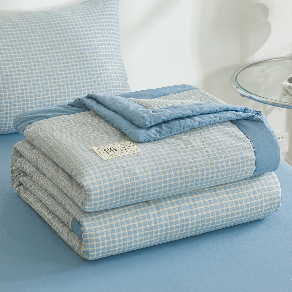 91家纺网 家纺一手货源 找家纺 晓时候 2026新款无印风100%新疆棉花被全棉夏被纯棉夏凉被空调被夏季被子被芯 米亚蓝