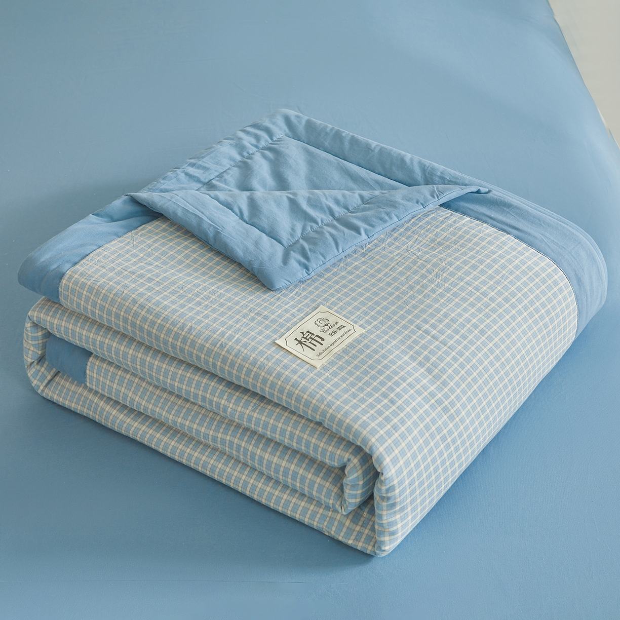 91家纺网 家纺一手货源 找家纺 晓时候 2026新款无印风100%新疆棉花被全棉夏被纯棉夏凉被空调被夏季被子被芯 米亚蓝