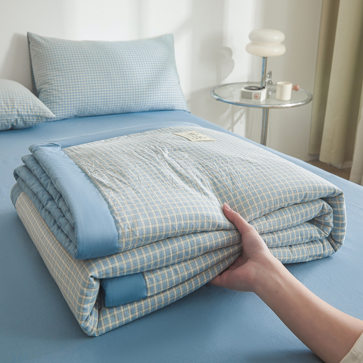 91家纺网 家纺一手货源 找家纺 晓时候 2026新款无印风100%新疆棉花被全棉夏被纯棉夏凉被空调被夏季被子被芯 米亚蓝