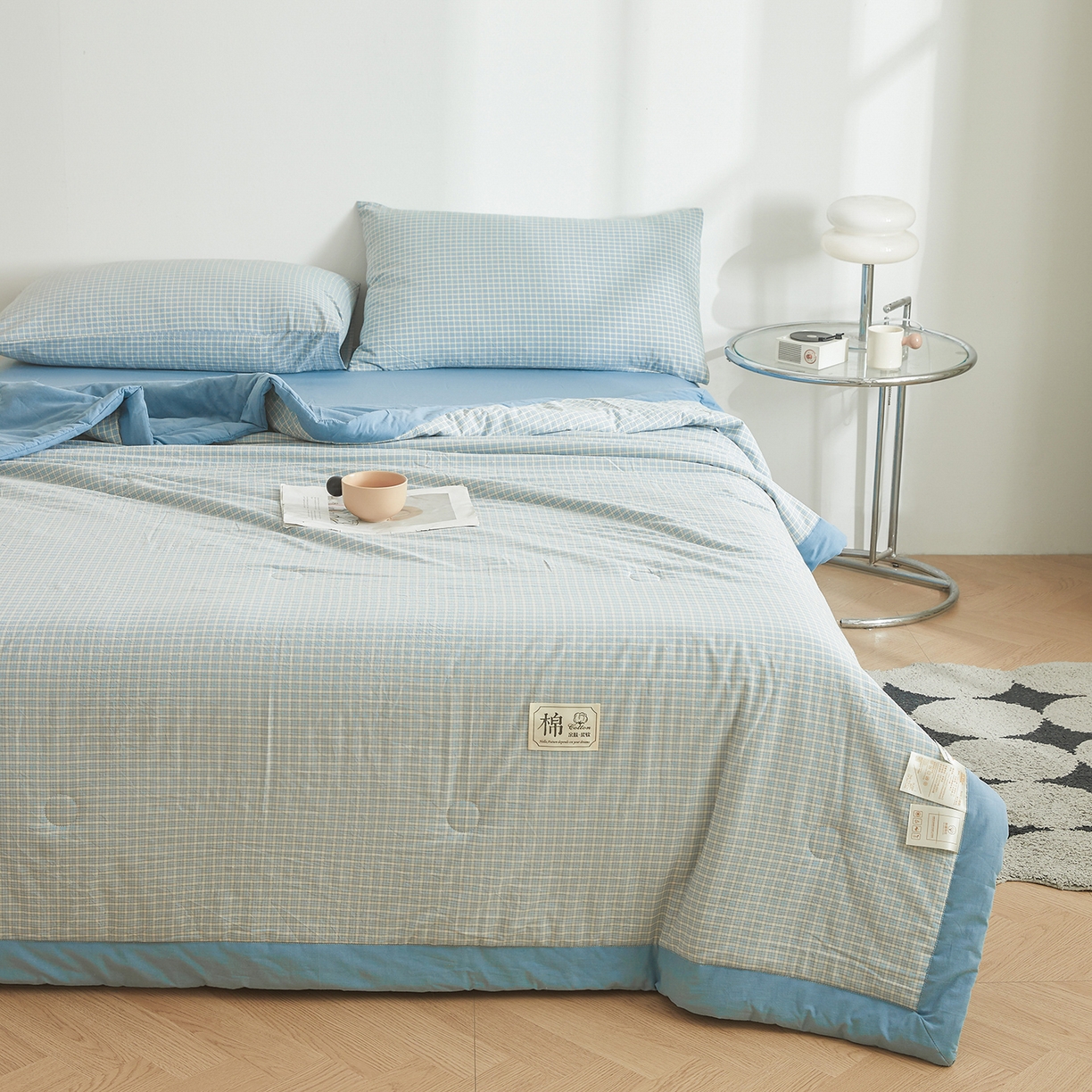 91家纺网 家纺一手货源 找家纺 晓时候 2026新款无印风100%新疆棉花被全棉夏被纯棉夏凉被空调被夏季被子被芯 米亚蓝