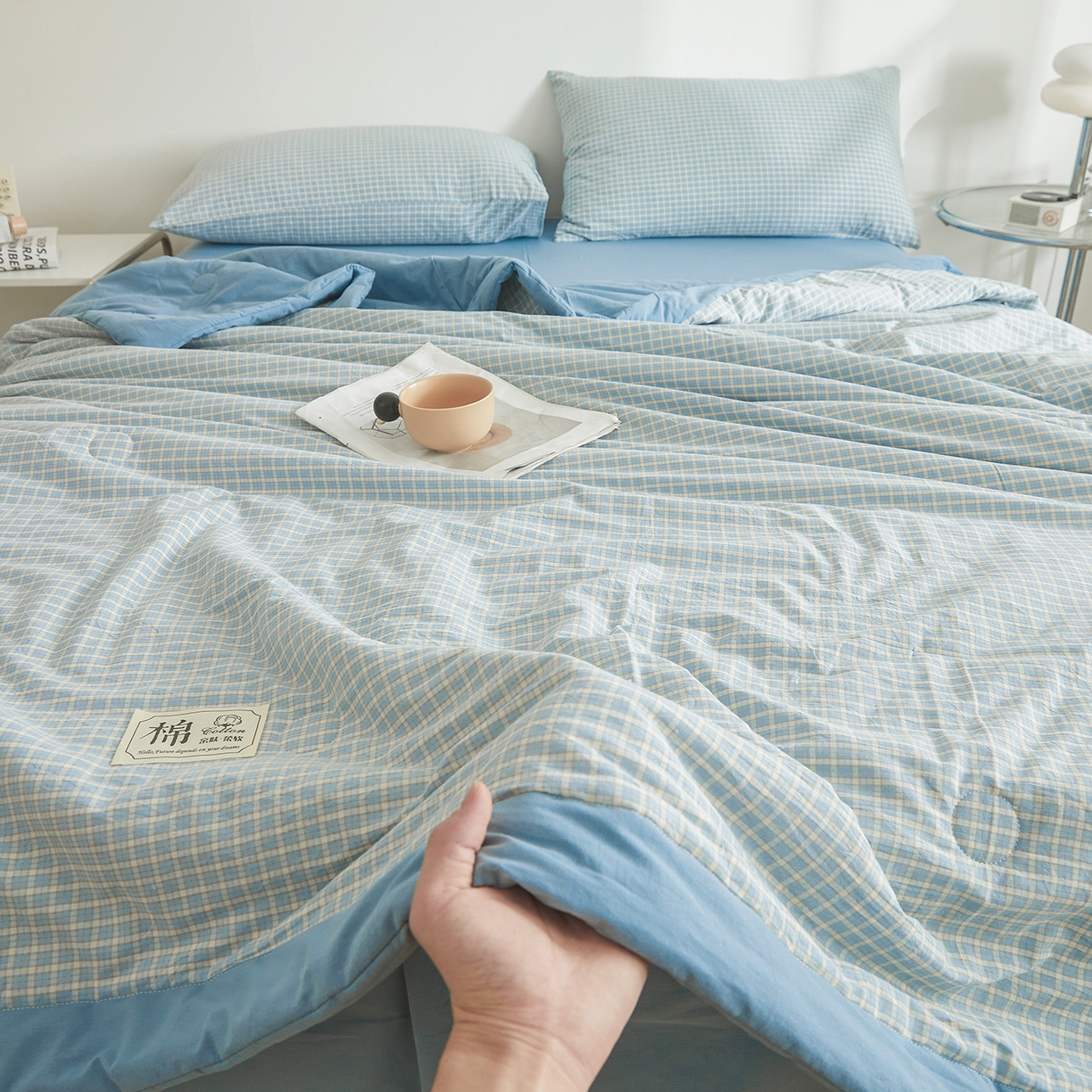 91家纺网 家纺一手货源 找家纺 晓时候 2026新款无印风100%新疆棉花被全棉夏被纯棉夏凉被空调被夏季被子被芯 米亚蓝