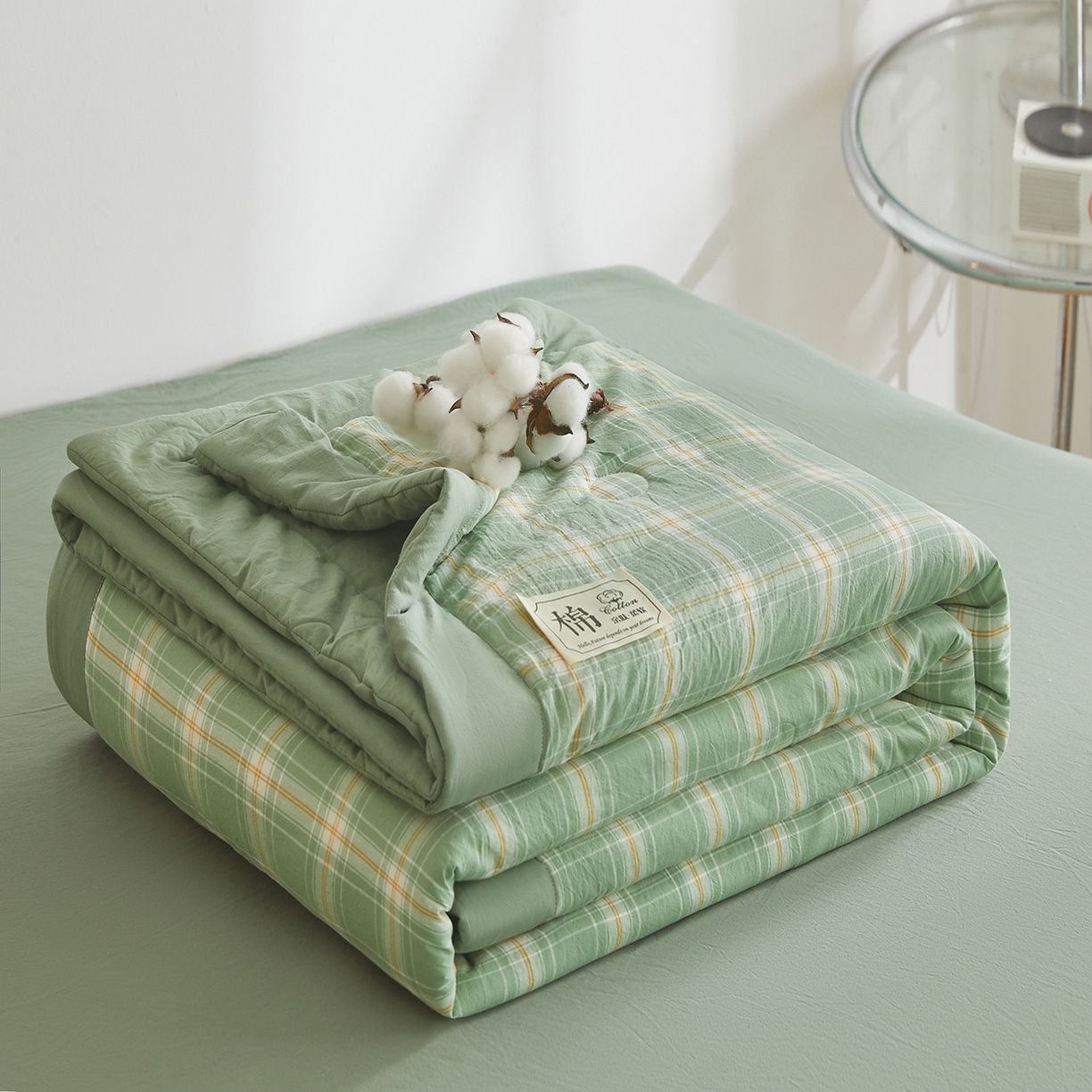91家纺网 家纺一手货源 找家纺 晓时候 2026新款无印风100%新疆棉花被全棉夏被纯棉夏凉被空调被夏季被子被芯 里约绿