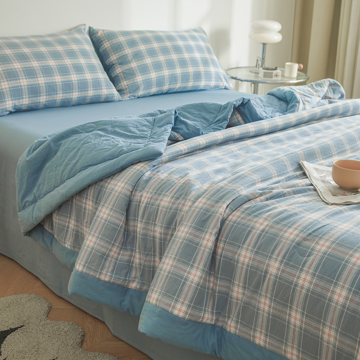 91家纺网 家纺一手货源 找家纺 晓时候 2026新款无印风100%新疆棉花被全棉夏被纯棉夏凉被空调被夏季被子被芯 里约蓝