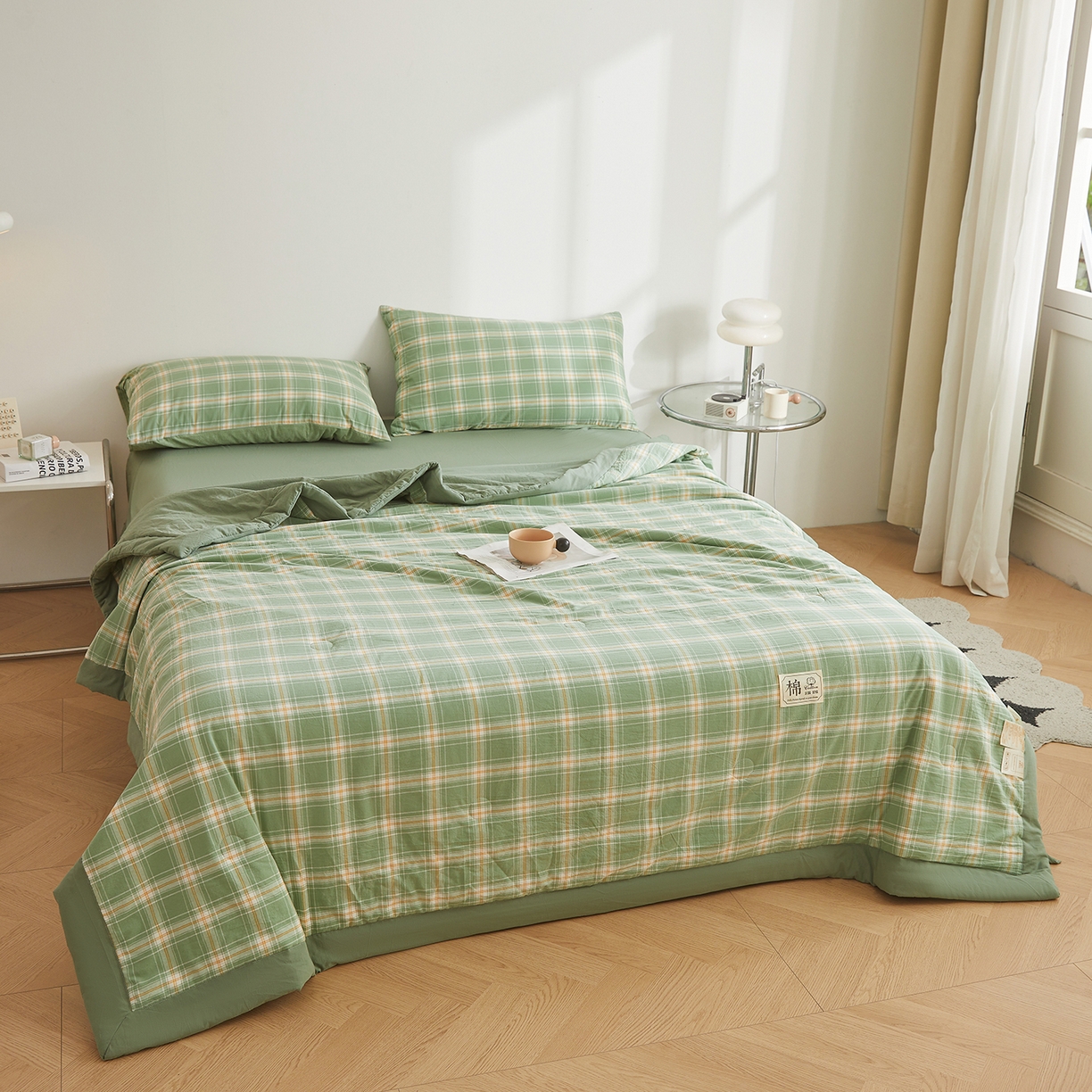 91家纺网 家纺一手货源 找家纺 晓时候 2026新款无印风100%新疆棉花被全棉夏被纯棉夏凉被空调被夏季被子被芯 里约绿