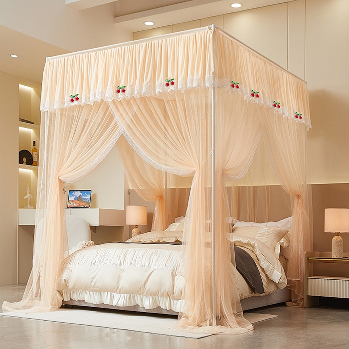 91家纺网 家纺一手货源 找家纺 雪姿家纺 2026新款刺绣花边落地宫廷外穿杆蚊帐-落地星星 刺绣花边星星-温柔杏色