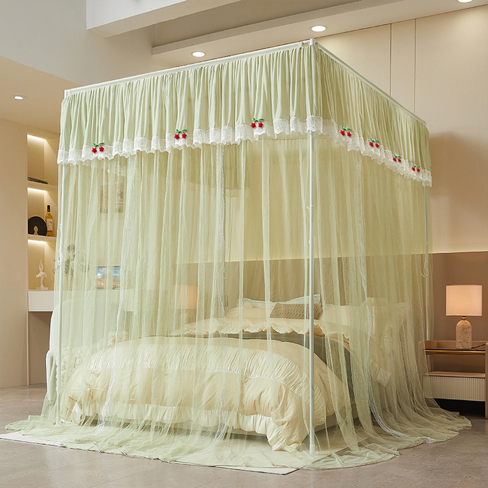 91家纺网 家纺一手货源 找家纺 雪姿家纺 2026新款刺绣花边落地宫廷外穿杆蚊帐-落地星星 刺绣花边星星-清爽茶绿