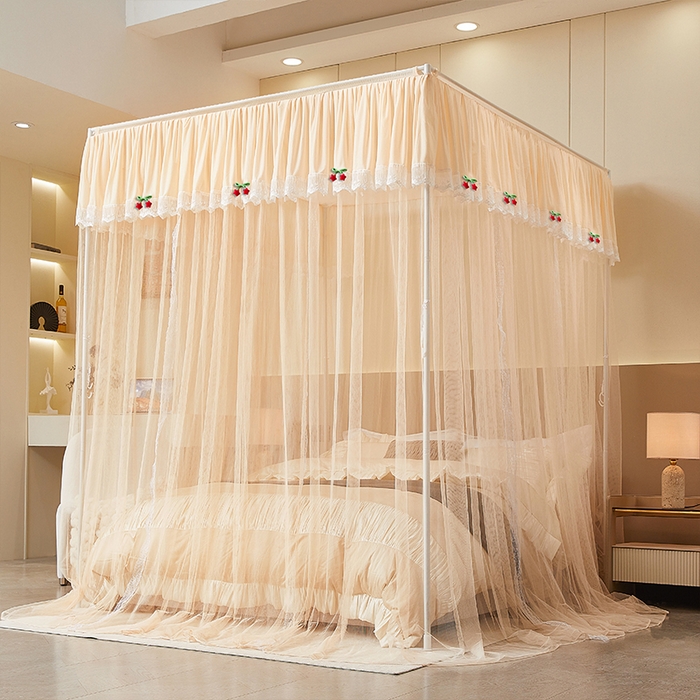 91家纺网 家纺一手货源 找家纺 雪姿家纺 2026新款刺绣花边落地宫廷外穿杆蚊帐-落地星星 刺绣花边星星-温柔杏色