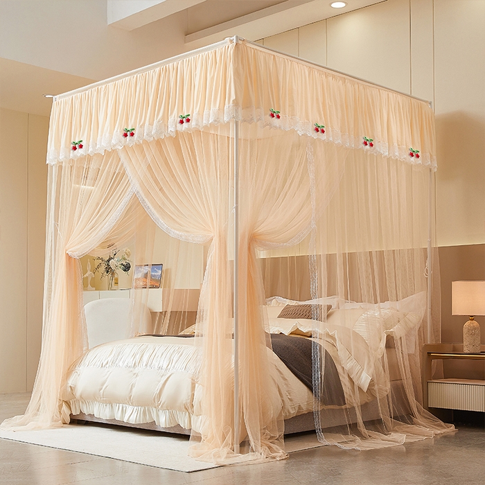 91家纺网 家纺一手货源 找家纺 雪姿家纺 2026新款刺绣花边落地宫廷外穿杆蚊帐-落地星星 刺绣花边星星-温柔杏色