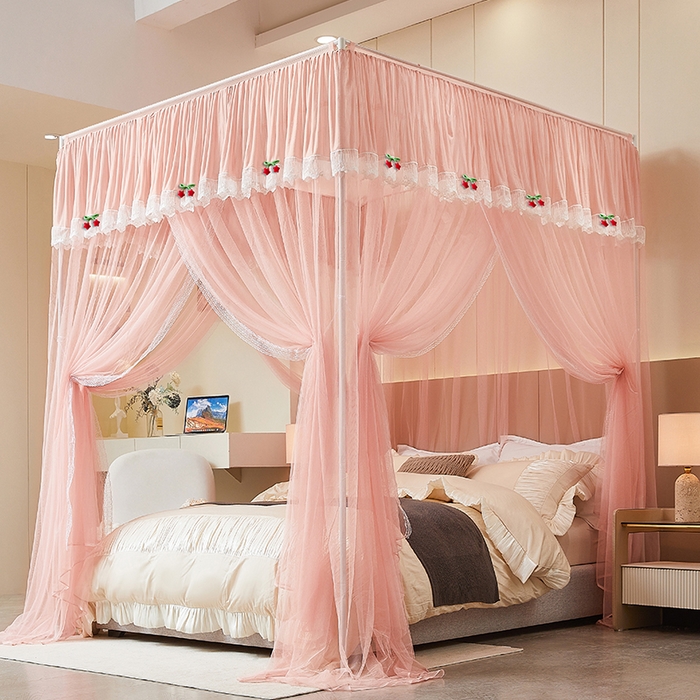 91家纺网 家纺一手货源 找家纺 雪姿家纺 2026新款刺绣花边落地宫廷外穿杆蚊帐-落地星星 刺绣花边星星-温馨粉玉