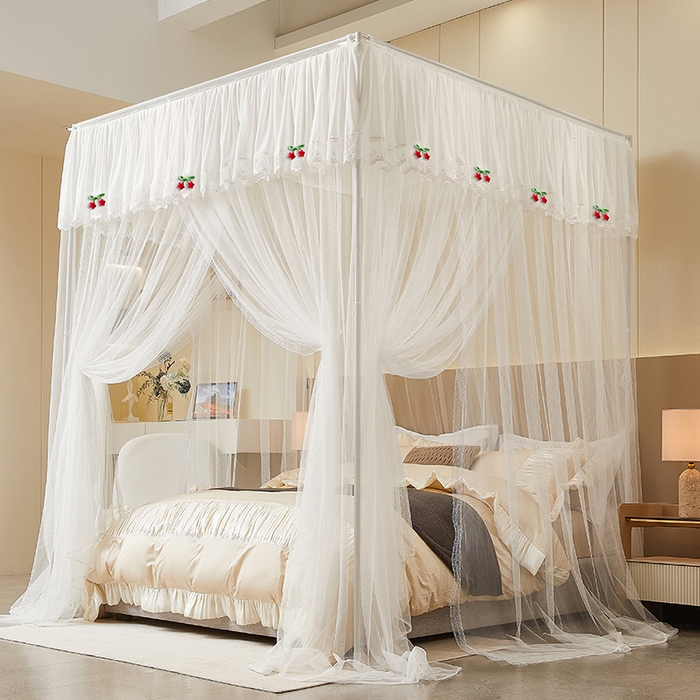 91家纺网 家纺一手货源 找家纺 雪姿家纺 2026新款刺绣花边落地宫廷外穿杆蚊帐-落地星星 刺绣花边星星-白色