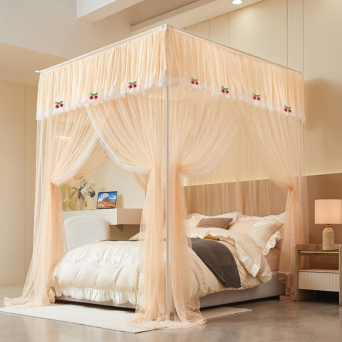 91家纺网 家纺一手货源 找家纺 雪姿家纺 2026新款刺绣花边落地宫廷外穿杆蚊帐-落地星星 刺绣花边星星-温柔杏色