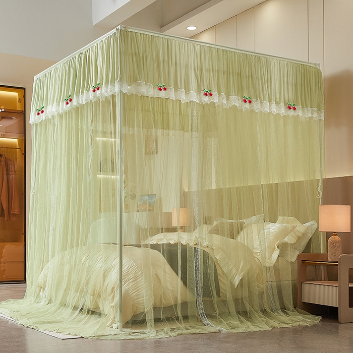 91家纺网 家纺一手货源 找家纺 雪姿家纺 2026新款刺绣花边落地宫廷外穿杆蚊帐-落地星星 刺绣花边星星-清爽茶绿