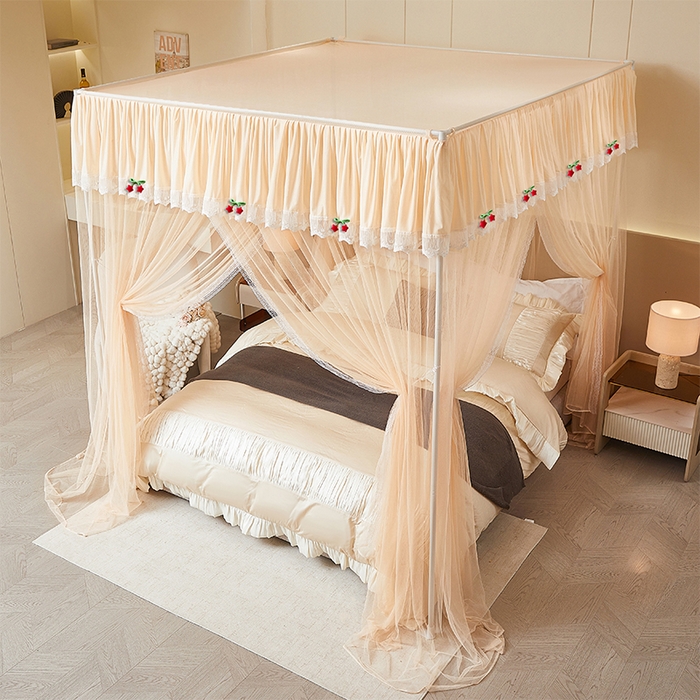 91家纺网 家纺一手货源 找家纺 雪姿家纺 2026新款刺绣花边落地宫廷外穿杆蚊帐-落地星星 刺绣花边星星-温柔杏色